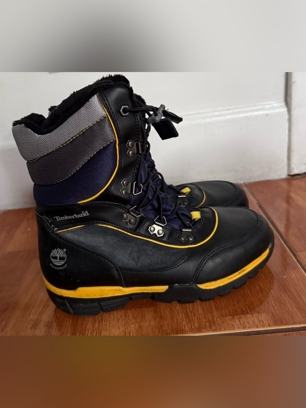 Timberland Black and Yellow Men's Waterproof Lace-Up Boots